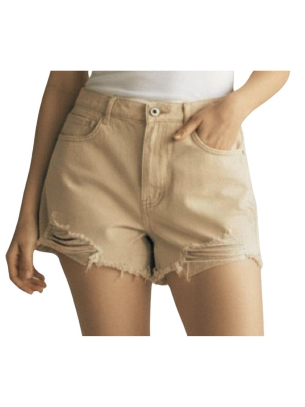 Show Me Your Mumu Tan Distressed Denim Shorts